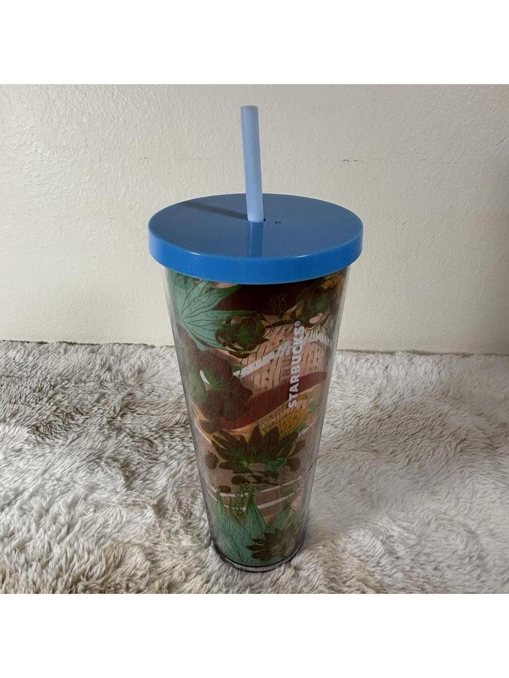 Starbucks Floral Cold Cup 24 oz Blue Lid Straw Tumbler Reusable - Picture 2 of 9